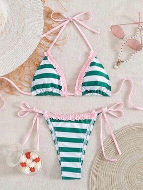 Green & White Striped Ruffle Tie Bikini with Pink Trim